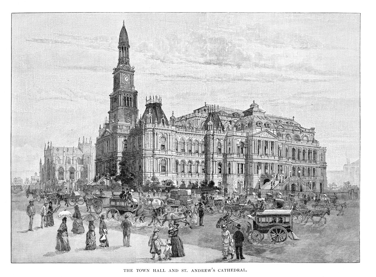 Kaupungintalo ja St Andrewsin katedraali, Sydney, Uusi Etelä-Wales, Australia, 1886 tekijältä Unbekannt