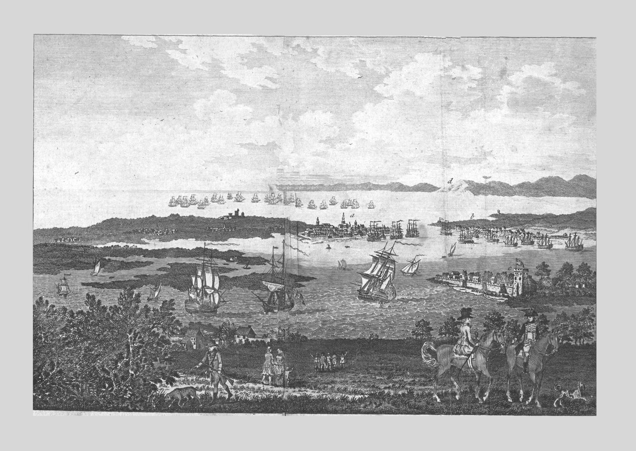 Portsmouthin kaupunki ja satama näköalalla hänen Majestysin laivastoon Spitheadissa, 1700-luku. tekijältä Unbekannt