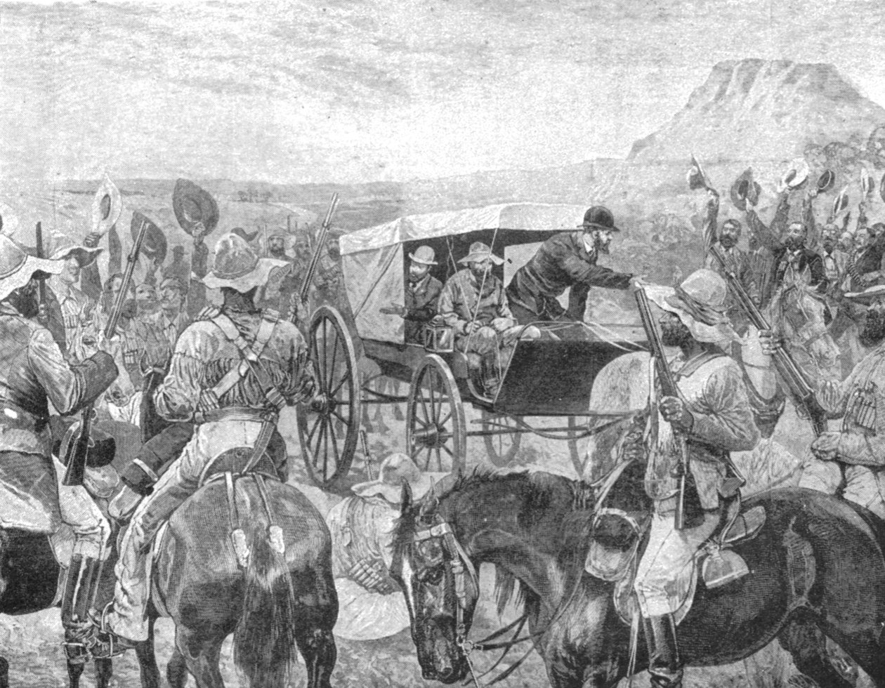 Transvaalin sota, 1881: Presidentti Brand tekee rauhanjulistuksen Laings Nekissä, 1901. tekijältä Unbekannt