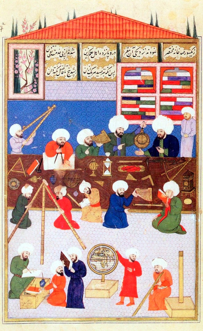 Turkkilainen tähtitieteilijä Takiuddin observatoriossaan Galatassa Istanbulissa, 1581 tekijältä Unbekannt