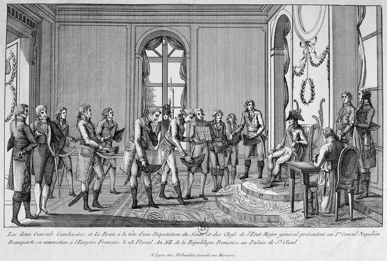 Kaksi konsulia, Cambacérès ja Le Brun nimittävät 1800-luvun Napoleonin keisariksi tekijältä Unbekannt