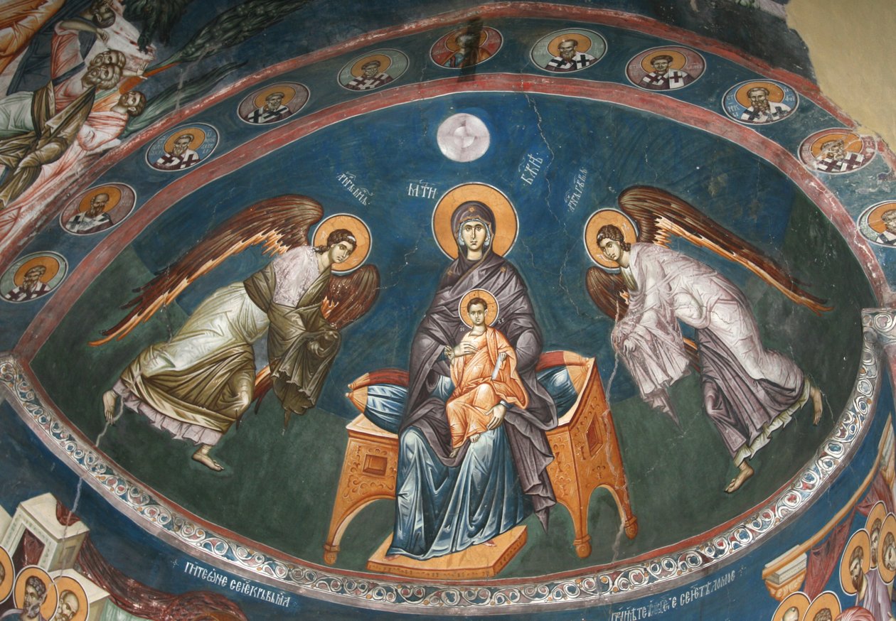 Neitsyt valtaistuimella Kristus Emmanuel ja arkkienkelit Mikael ja Gabriel, 1300-luku tekijältä Unbekannt