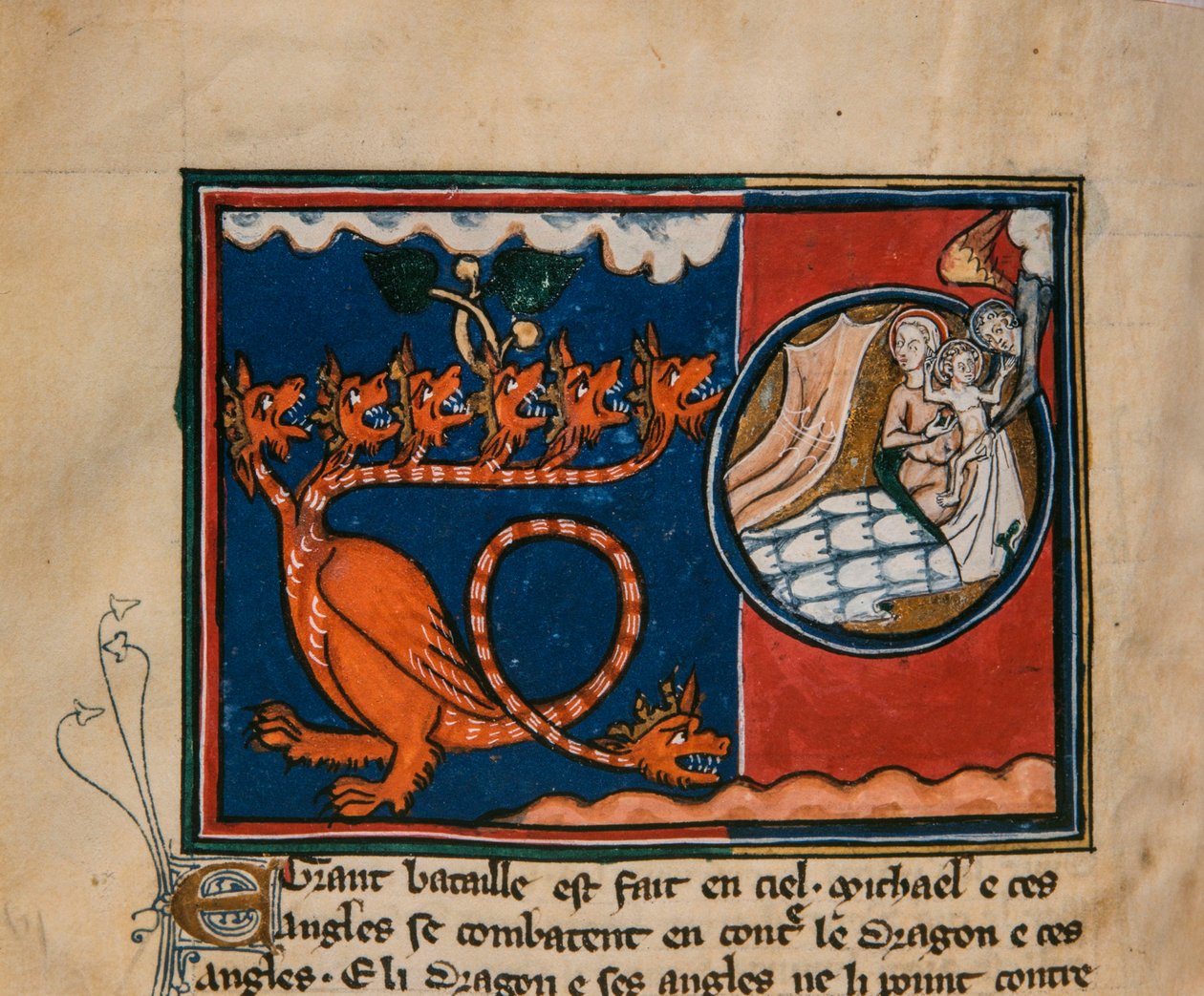 Nainen ja lohikäärme. Pienoiskuva: Apocalypse de saint Jean, noin 1320. tekijältä Unbekannt