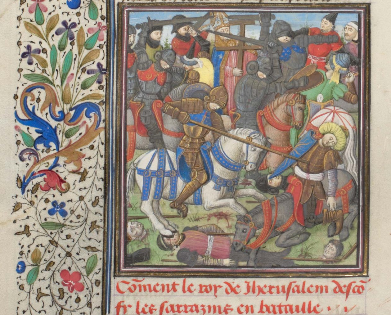 Taistelu ristiretkeläisten ja saraseenien välillä. Vilhelmin Tyroksen pienoismalli Historiasta, 1460-luku tekijältä Unbekannt