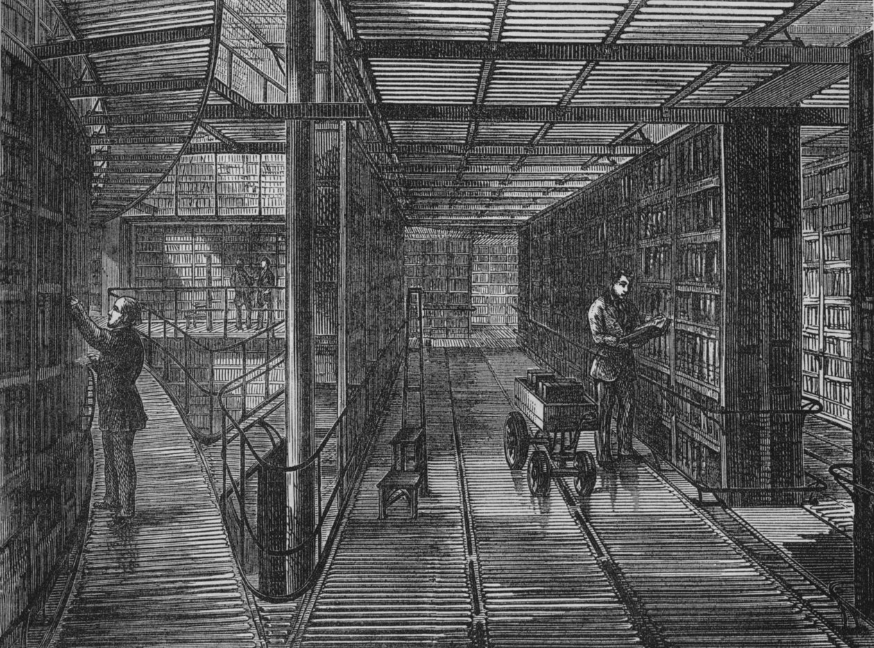 Kirjahyllyt British Museumissa, Bloomsbury, Lontoo, n. 1875 1878 tekijältä Unbekannt
