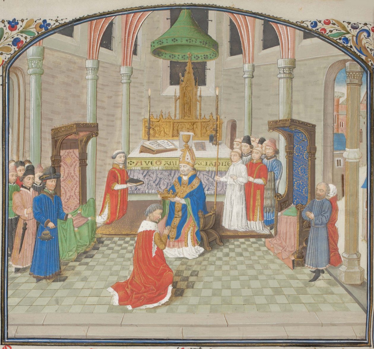 Baldwin I:n kruunaus joulupäivänä 1100. Pienoiskuva Historiasta, William of Tyre, 1460-luku tekijältä Unbekannt