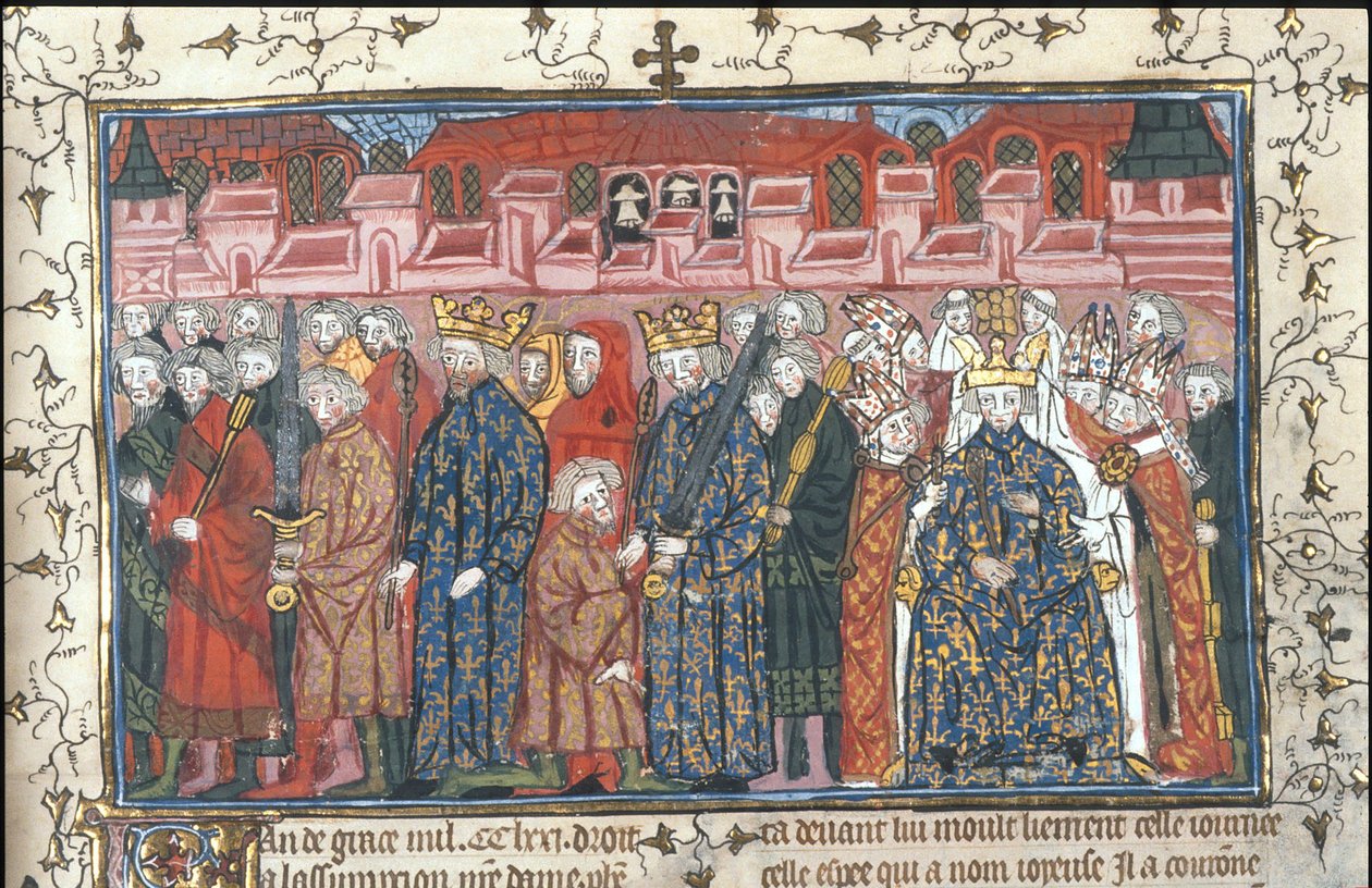 Philippe II Augusten kruunaus Englannin Henrik II:n läsnäollessa Chroniques de France ou de St Denis, vuoden 1380 jälkeen tekijältä Unbekannt