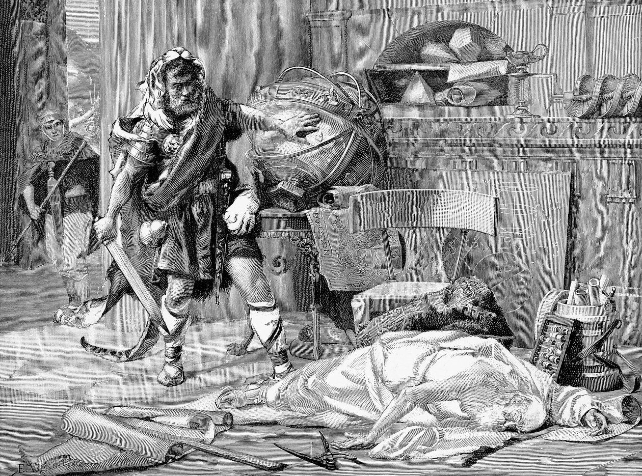 Arkhimedes kuoli, kun roomalaiset valtasivat Syrakusan vuonna 212 eKr. 1800-luvun lopulla tekijältä Unbekannt