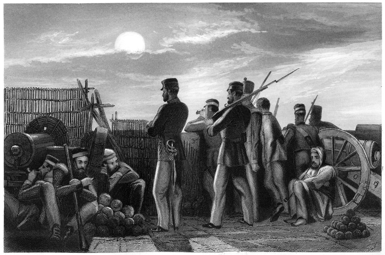 Puolustajat näkemässä, patteri Lucknowissa, 1857, c1860 tekijältä Unbekannt