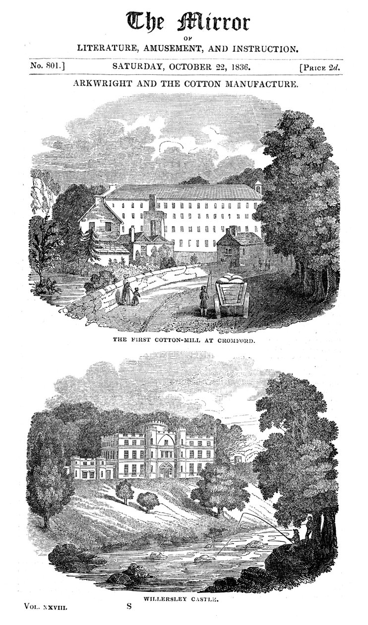 Ensimmäinen puuvillatehdas Cromfordissa, Derbyshiressä, ja Richard Arkwrightsin talo, 1836 tekijältä Unbekannt