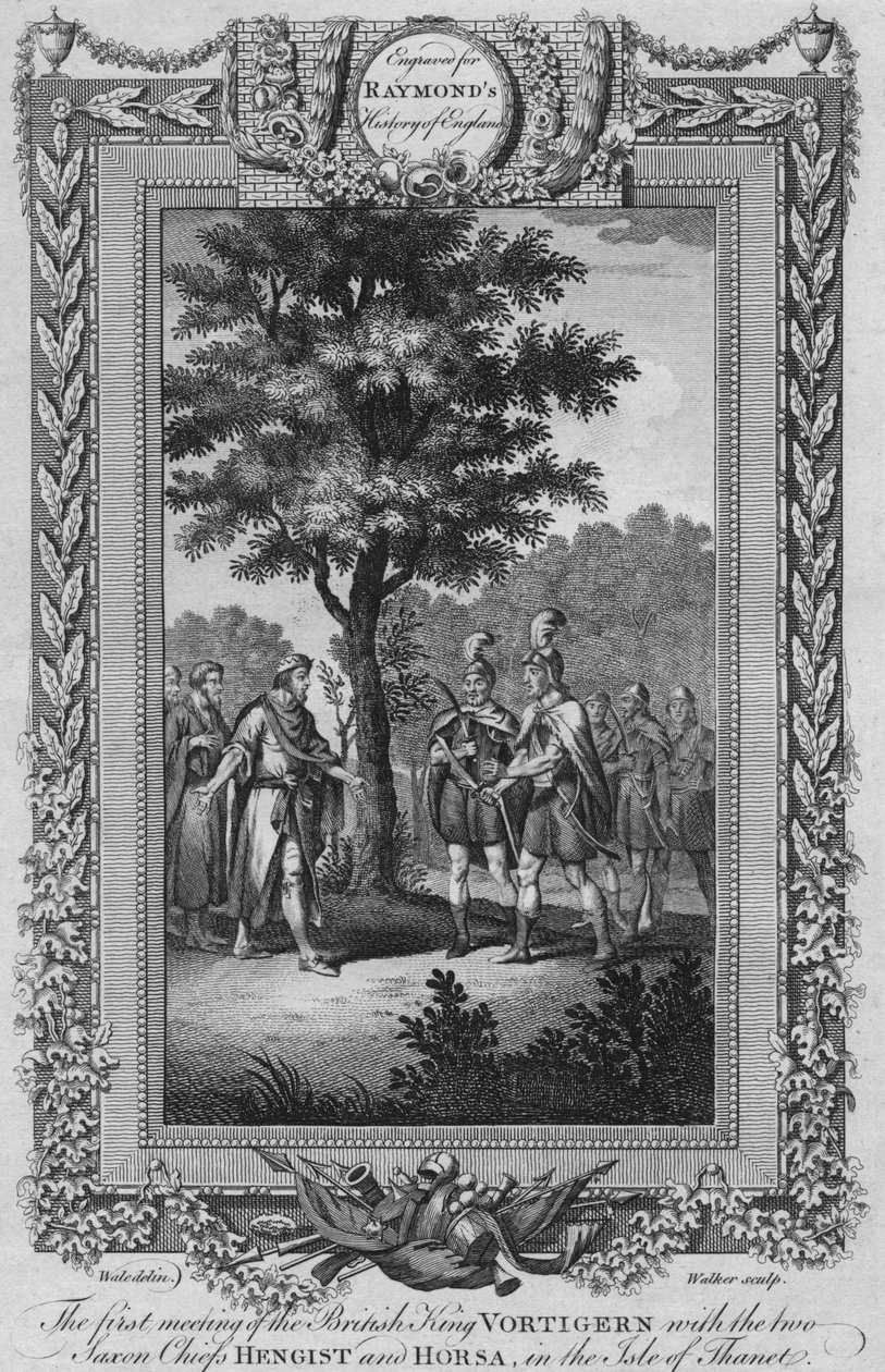 Ison-Britannian kuningas Vortigernin ensimmäinen tapaaminen kahden saksipäällikön Hengistin ja Horsan kanssa, c1787 tekijältä Unbekannt