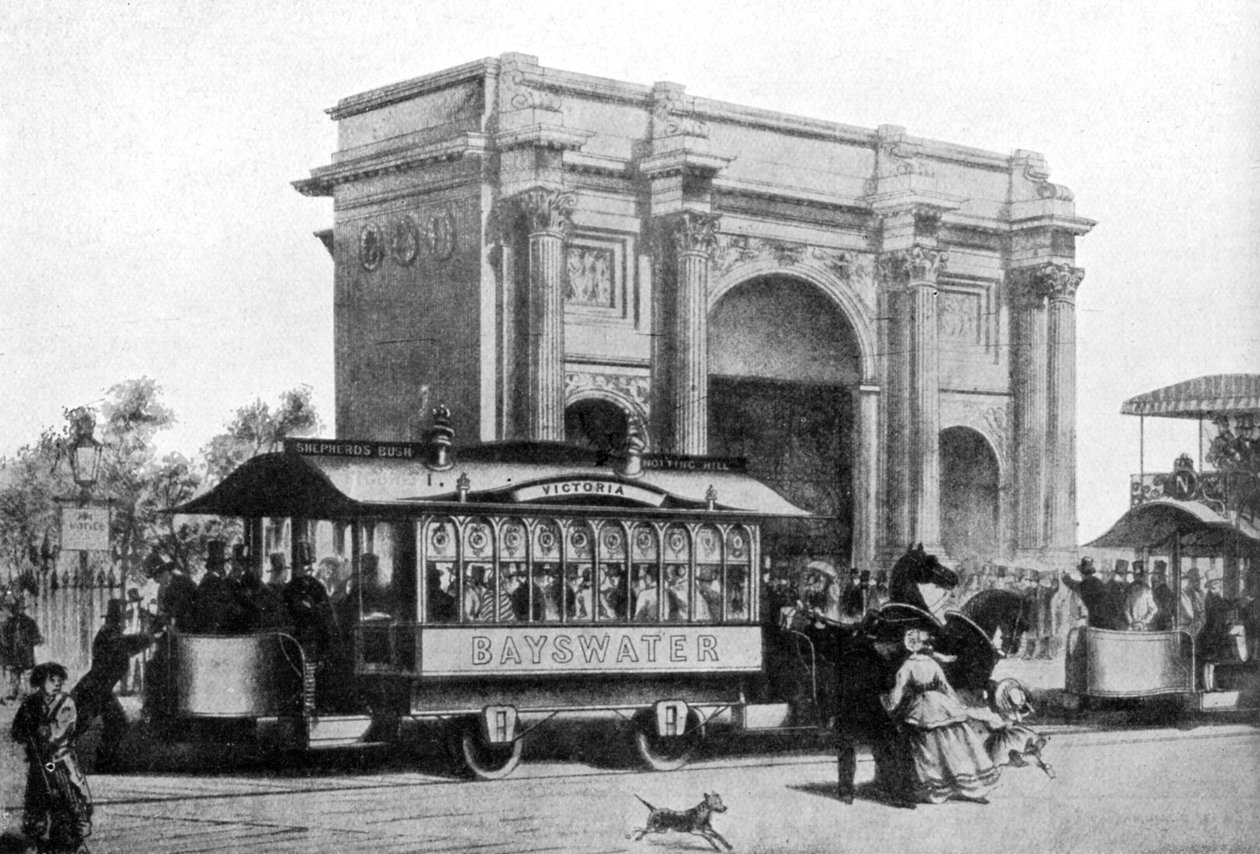 Ensimmäiset raitiovaunut Lontoossa, 1861, c1920 tekijältä Unbekannt