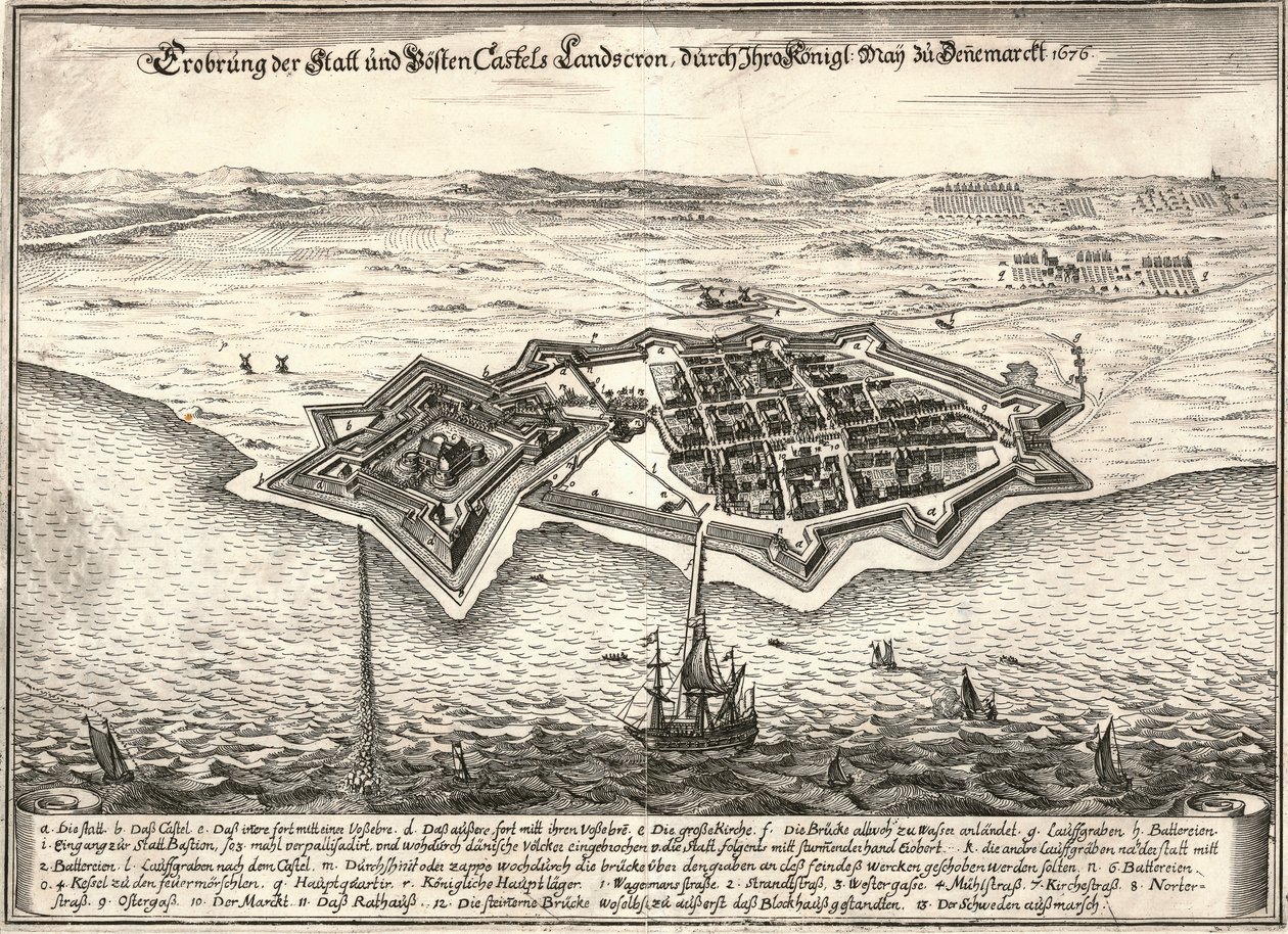 Ruotsin Landskronan linnoitukset, jotka tanskalaiset valtasivat Scanian sodassa, 1676 tekijältä Unbekannt