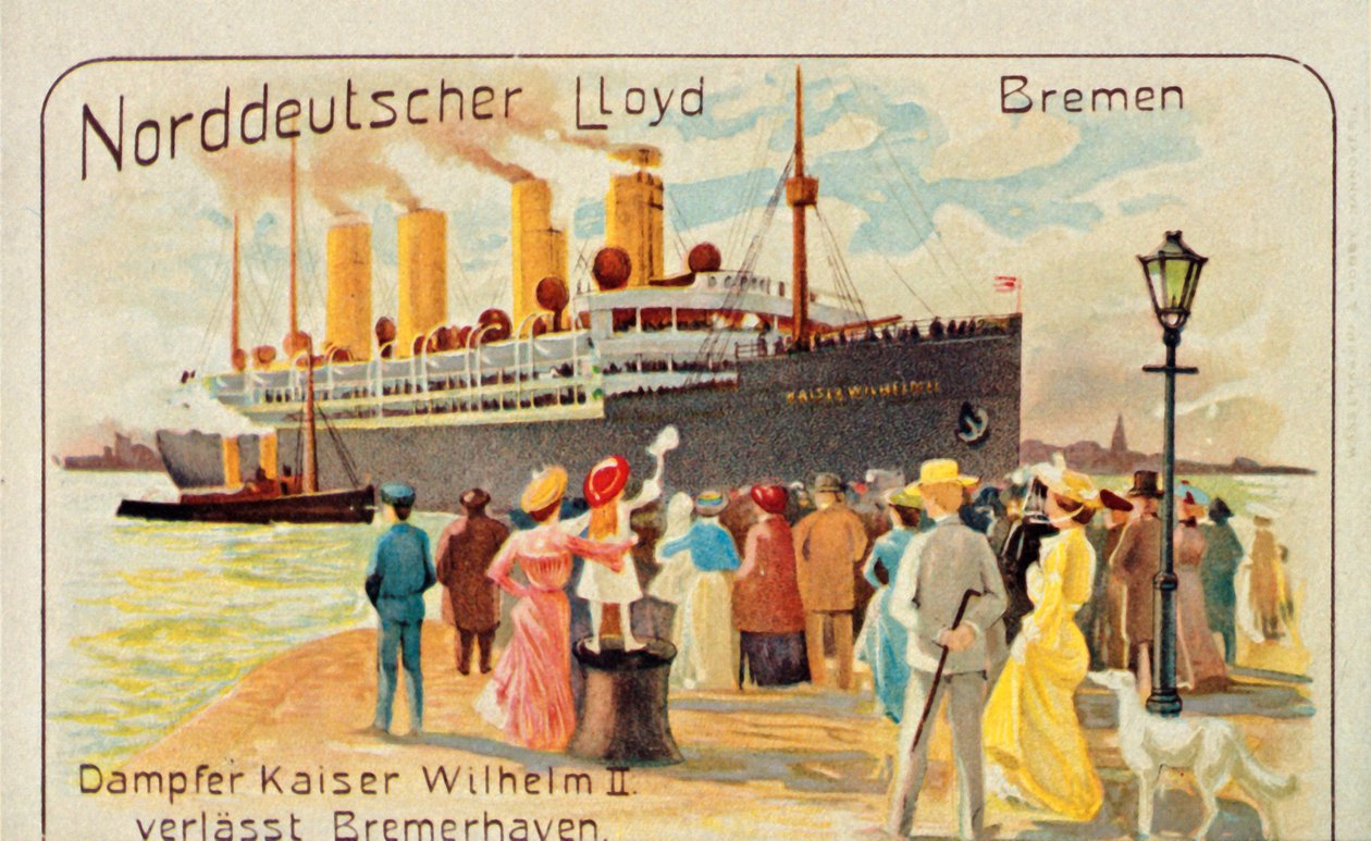 Jättiläinen SS Kaiser Wilhelm II vetäytyy pois laiturilta Bremerhavenissa, Saksassa, 1905. tekijältä Unbekannt