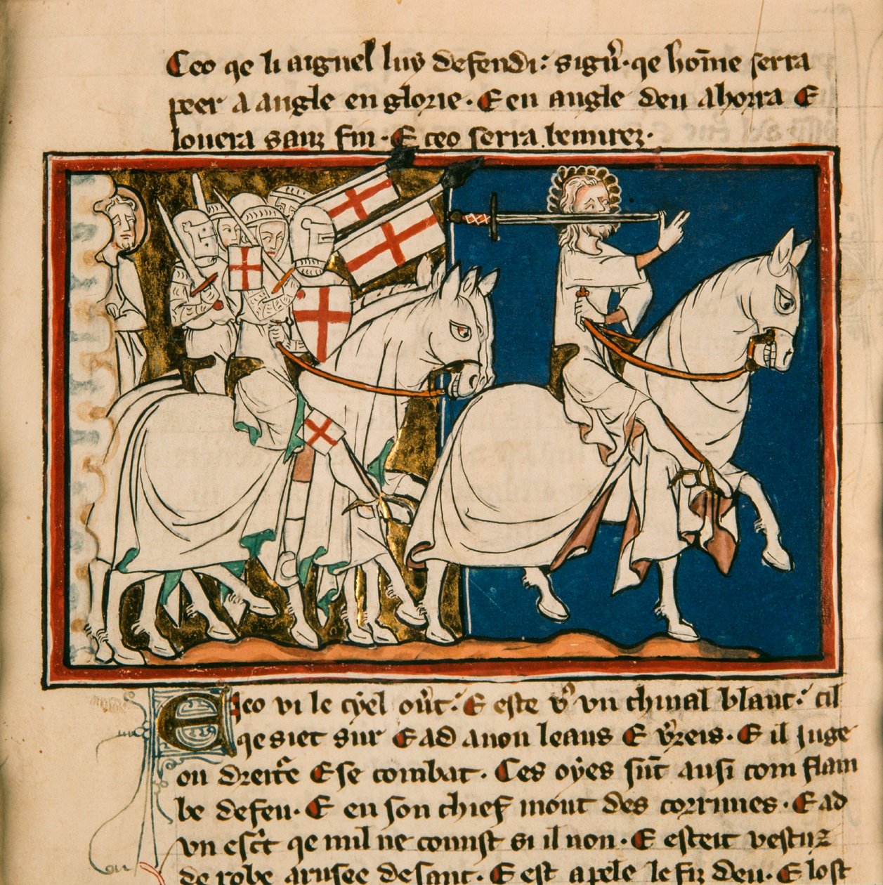 Suuri kuningas valkoisella hevosella. Pienoiskuva: Apocalypse de saint Jean, noin 1320. tekijältä Unbekannt