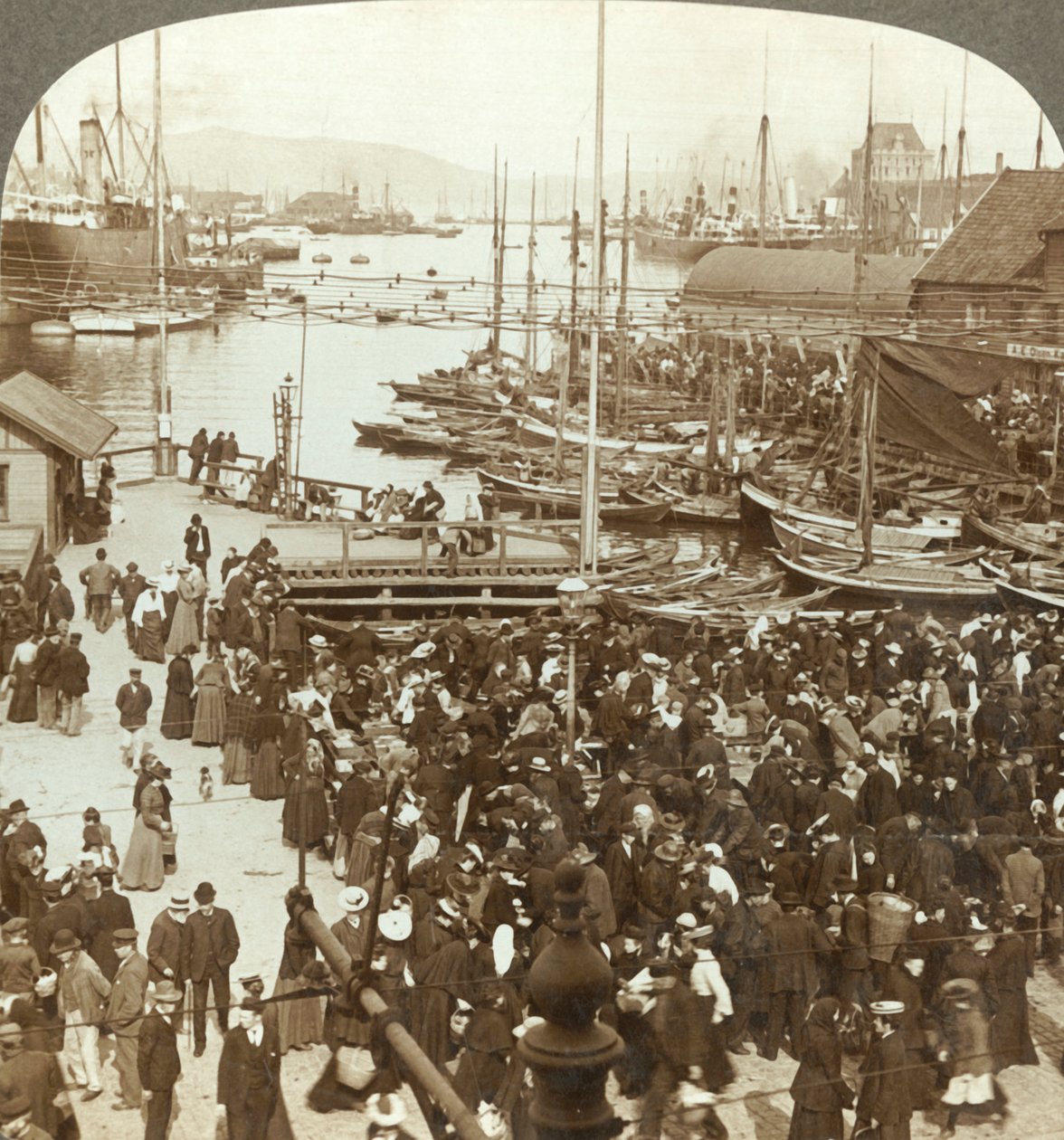 Satama, N.W. Bergenin torilta, Norjan suurimmalta kalatorilta, vuodelta 1905. tekijältä Unbekannt