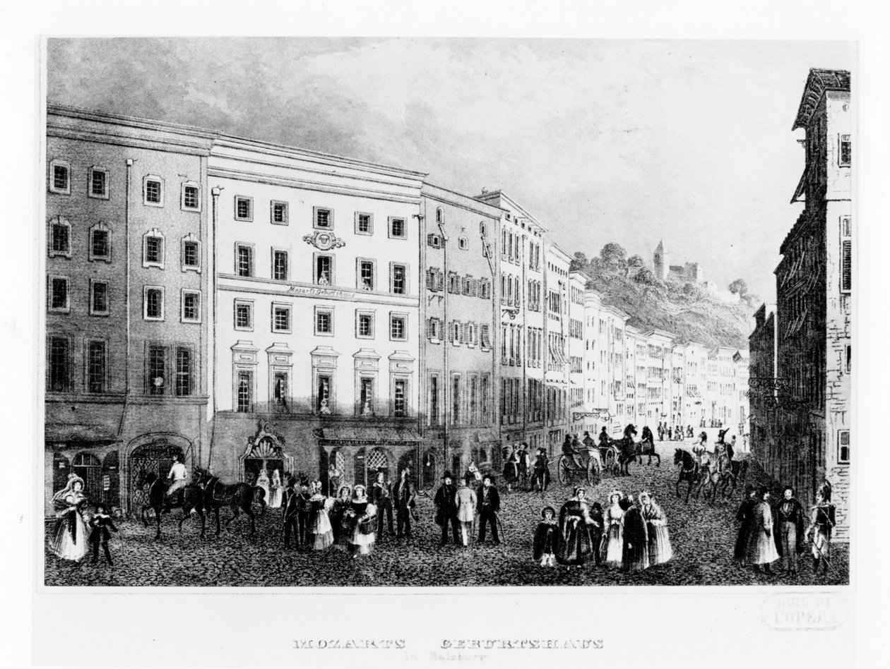 Talo Salzburgissa, jossa Mozart syntyi vuonna 1791, 1800-luvun puolivälissä tekijältä Unbekannt