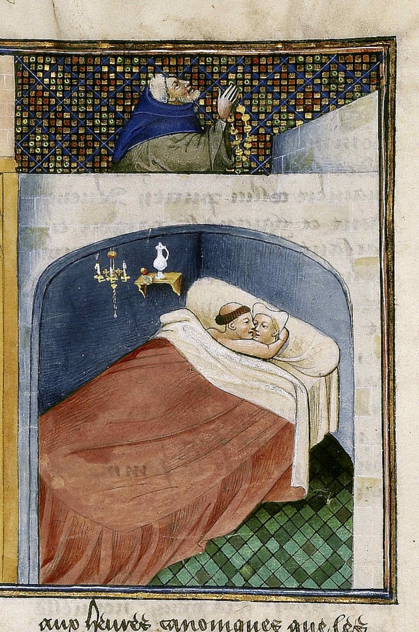 Munkki nukkuu vaimon kanssa, kun mies rukoilee, 1460-luku. tekijältä Unbekannt