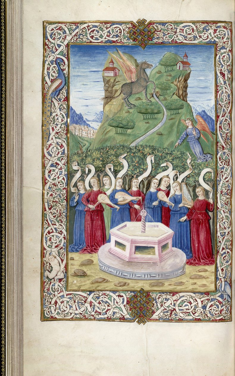 Guarinus Veronensisin Argumentumista yhdeksän muusaa Pegasuksen ja Mount Heliconin kanssa, 1485-1499 tekijältä Unbekannt