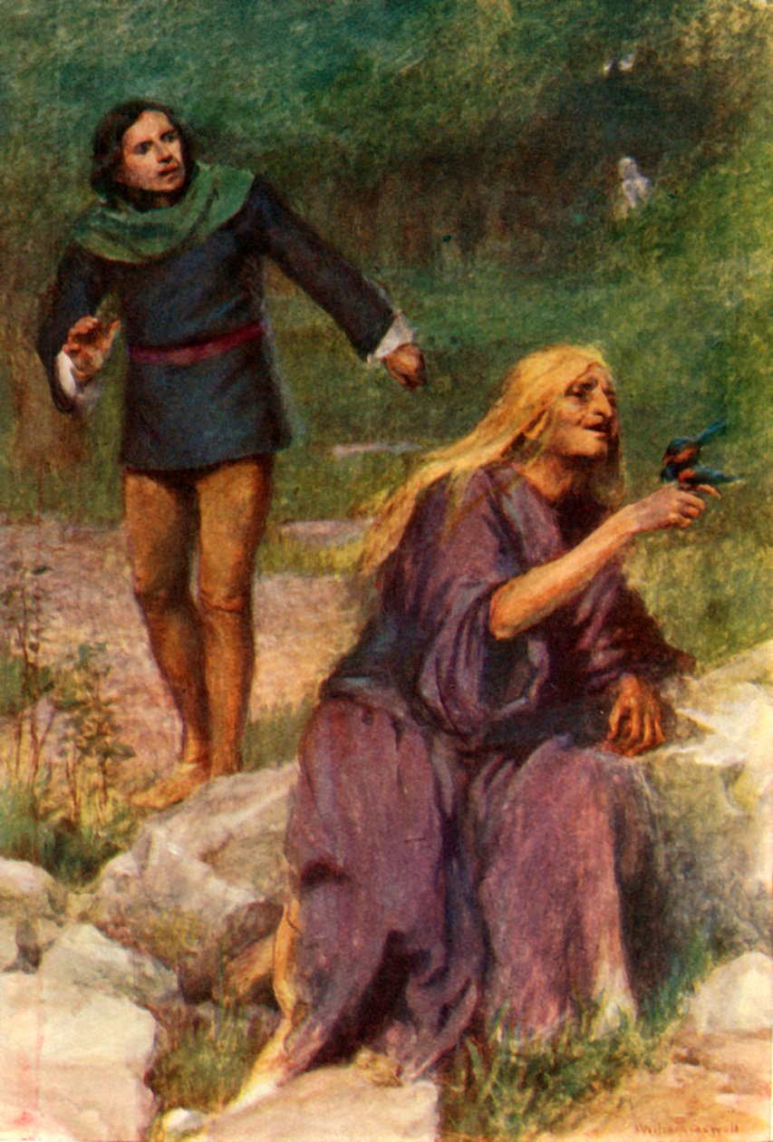 "Vanha nainen uppoutui leikkimään linnun kanssa", 1917. tekijältä Unbekannt