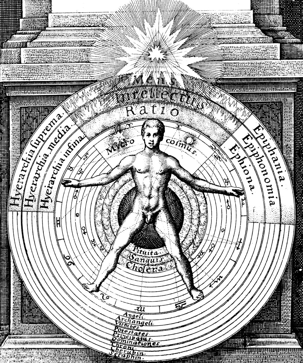 Ihmisen, mikrokosmosen, suhde maailmankaikkeuteen, makrokosmoseen, c1617 tekijältä Unbekannt