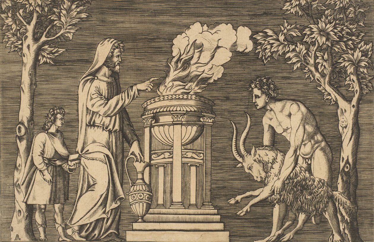 Oinasuhri, jota pitelee alaston mies oikealla, hupullinen pappi vasemmalla..., n. 1515-1600. tekijältä Unbekannt