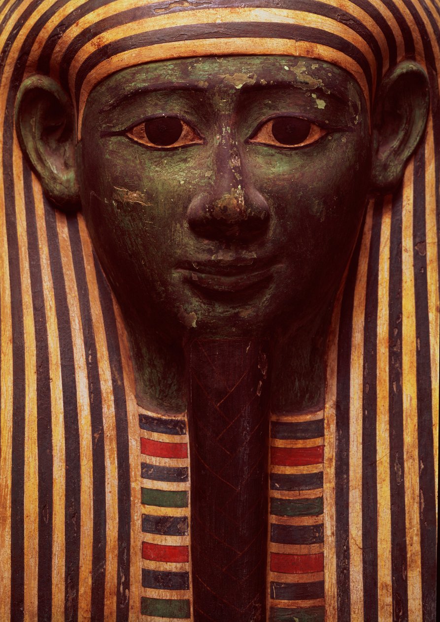Psametikin sarkofagi (664-610 eKr.) yksityiskohta kasvoista, egyptiläinen tekijältä Unbekannt