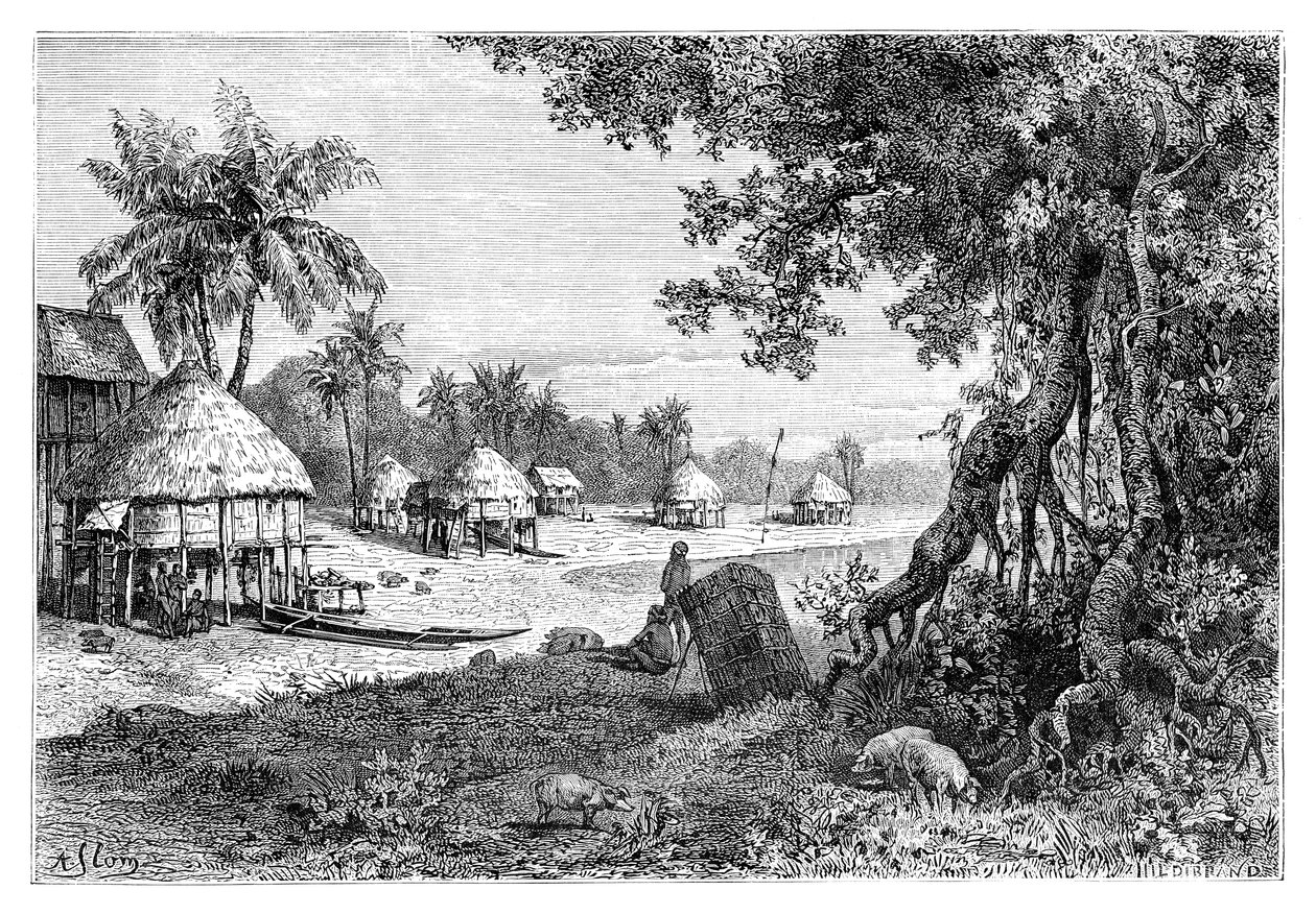 Sawin kylä, Car-Nicobar, Nicobar saaret, Intia, 1895 tekijältä Unbekannt