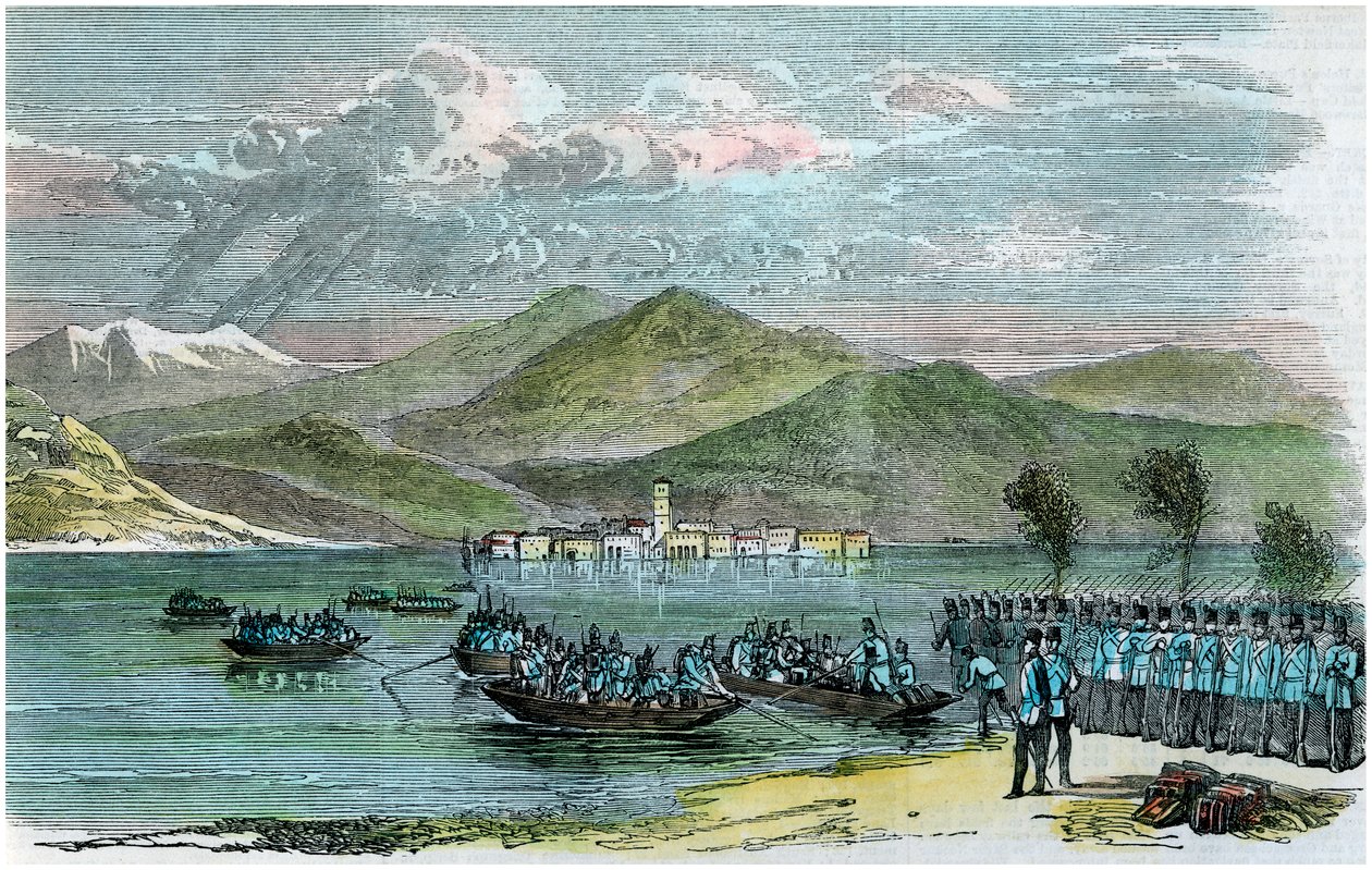 Sota, itävaltalaiset ylittämässä Lago Maggiore, Italia, c1875 tekijältä Unbekannt