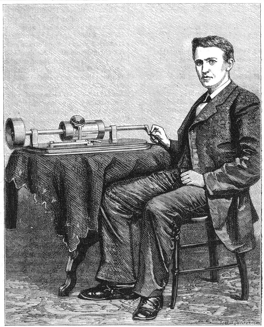 Thomas Alva Edison, amerikkalainen keksijä, varhainen käsikäyttöinen malli fonografistaan, 1878 tekijältä Unbekannt