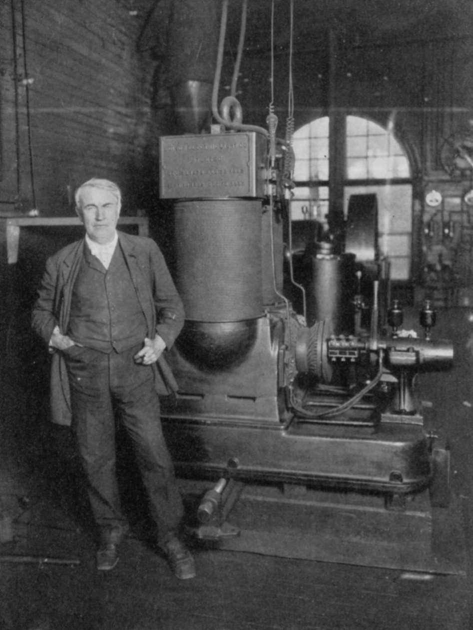 Thomas Alva Edison, amerikkalainen keksijä, ensimmäisellä sähkövalon tuotantodynamollaan, 1880-luku tekijältä Unbekannt