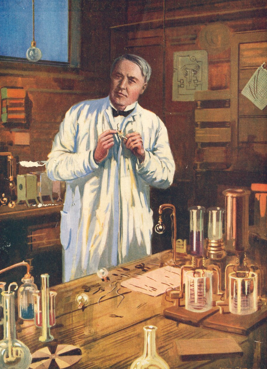 Thomas Edison, amerikkalainen keksijä, laboratoriossa Menlo Parkissa, New Jerseyssä, Yhdysvalloissa, 1870-luku 1920-luku tekijältä Unbekannt