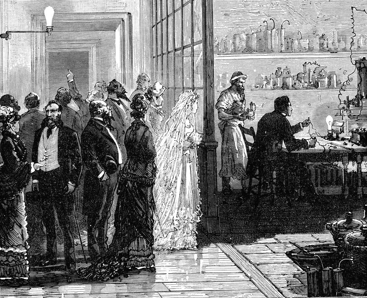 Thomas Edison kokeilee sähkölamppuja hääpäivänä 1871 1883 tekijältä Unbekannt