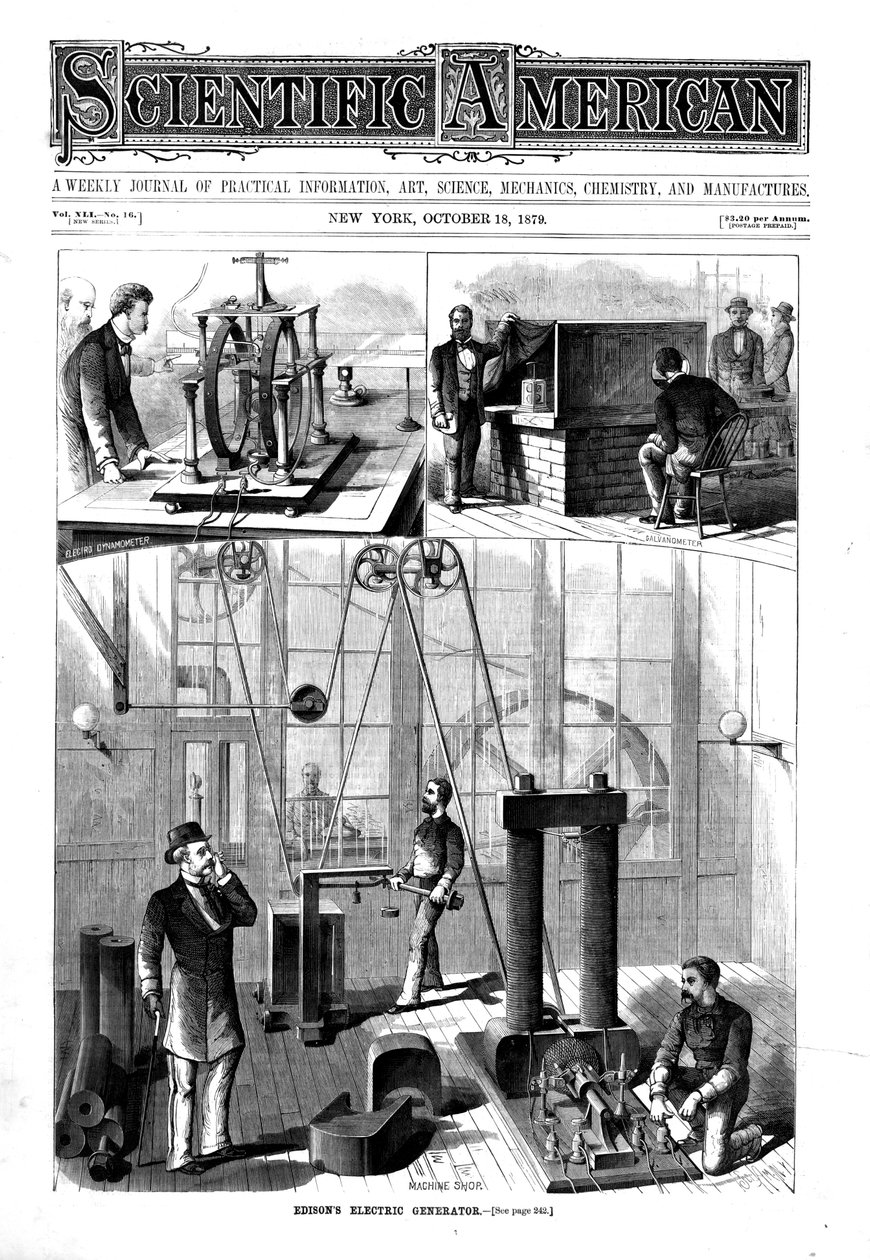 Thomas Edisons generaattori sähkövaloa varten hänen kotonaan Menlo Parkissa, New Jerseyssä, Yhdysvalloissa, 1879 tekijältä Unbekannt