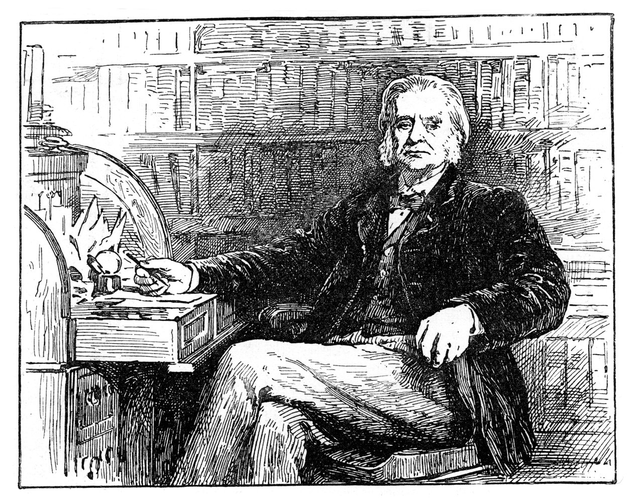 Thomas Henry Huxley, brittiläinen biologi, pöytänsä ääressä, v. 1880 tekijältä Unbekannt