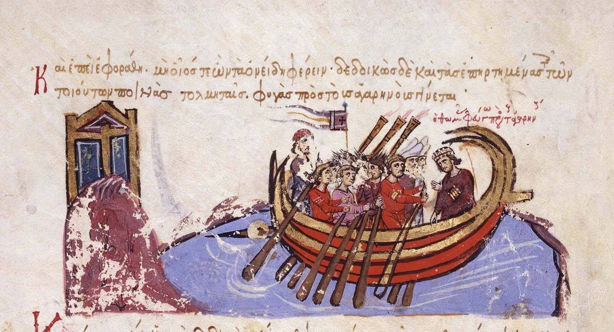 Tuomas Slaavi pakenee arabien luo miniatyyriin Madridin Skylitzeistä, 1000-1100-luvulla tekijältä Unbekannt