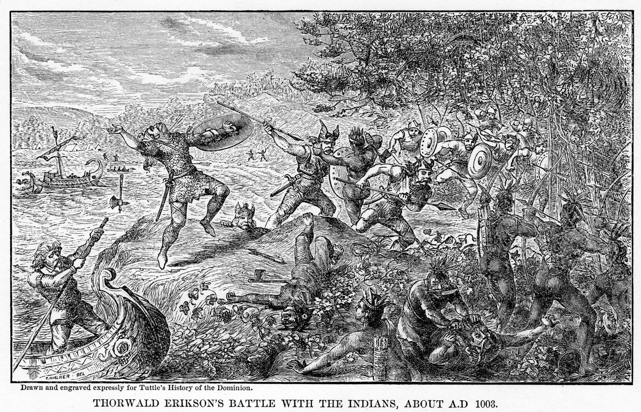 Thorwald Eriksonin taistelu intiaanien kanssa, noin 1003 jKr., 1877 tekijältä Unbekannt