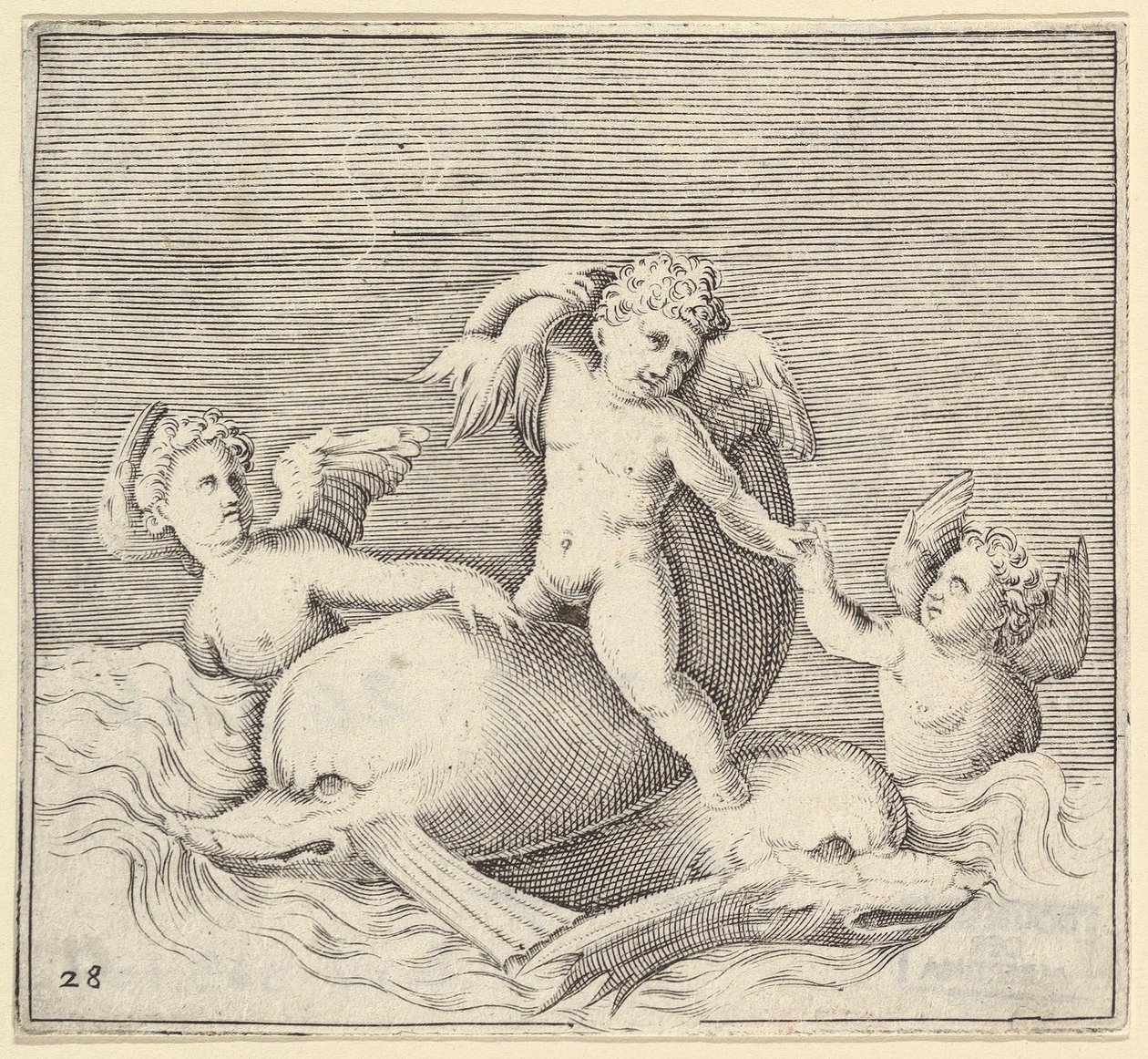 Three Cupids and Two Dolphins, julkaistu n. 1599-1622. tekijältä Unbekannt
