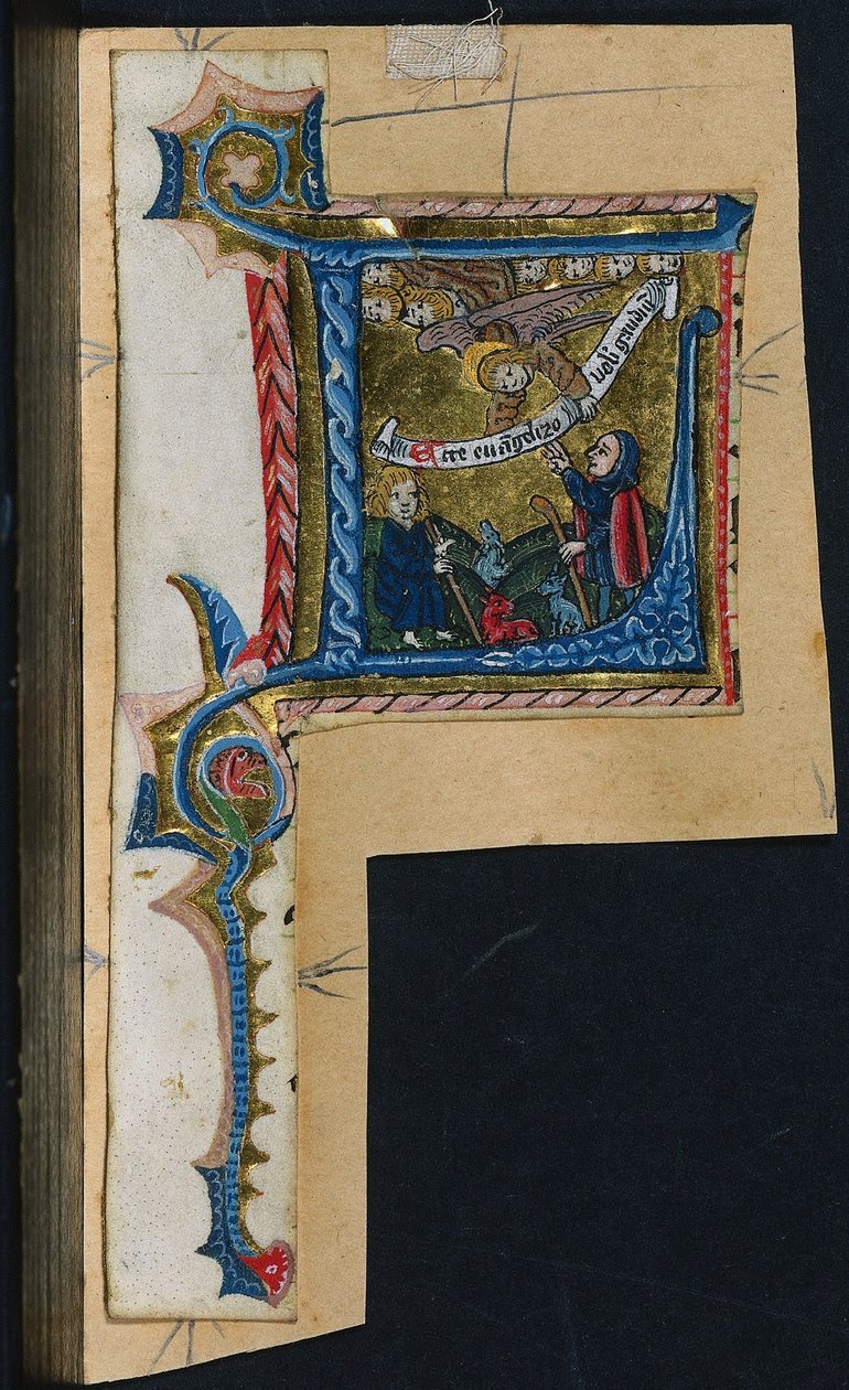Kolme leikkaa messukirjasta: Alkukirjain L ja Ilmoitus paimenille, n. 1470-1500. tekijältä Unbekannt