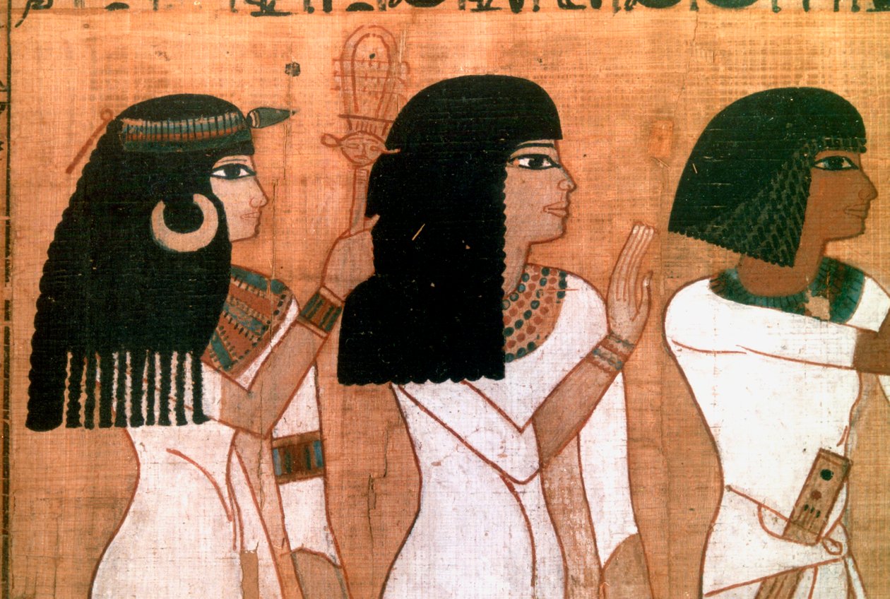 Kolme sisarta, yksityiskohta muinaisesta egyptiläisestä seinämaalauksesta tekijältä Unbekannt