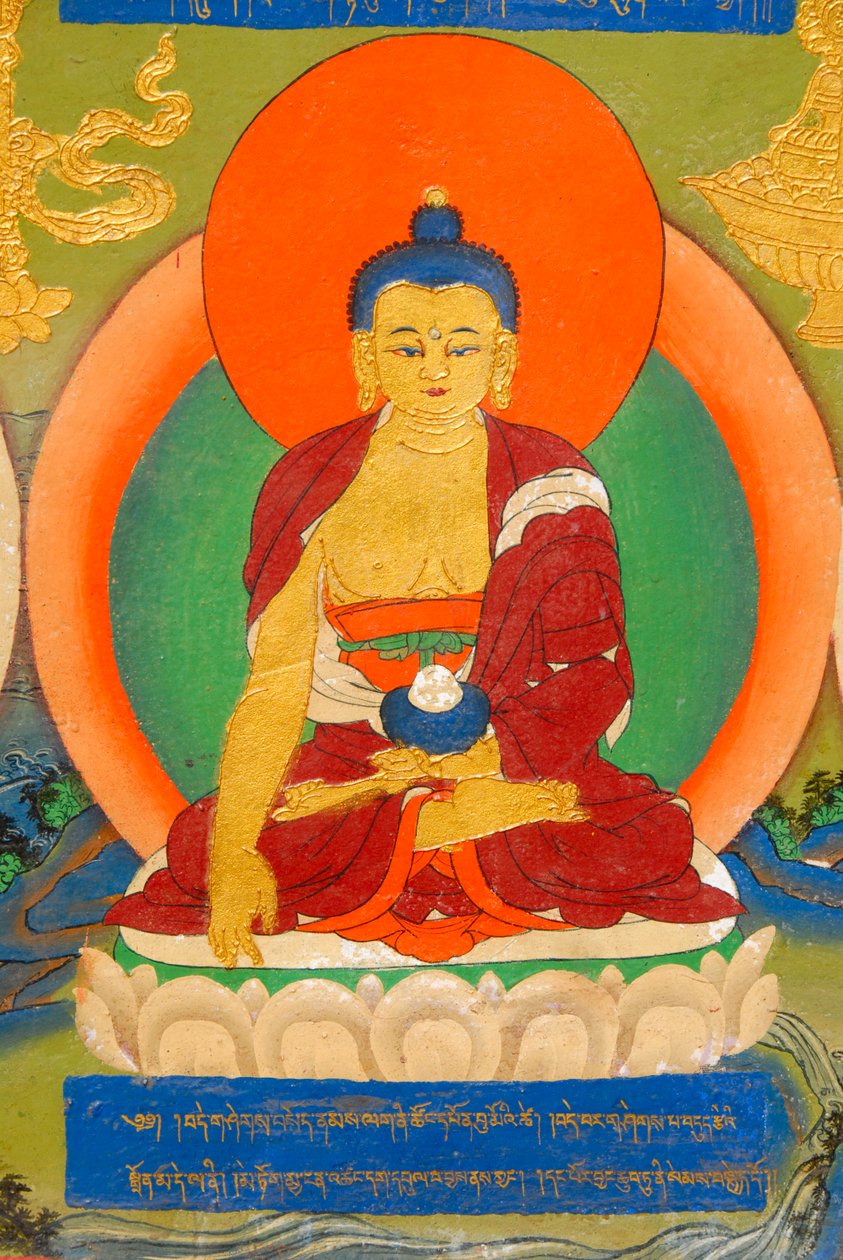 Tiibetin buddhalaisuus; värikäs seinämaalaus, joka kuvaa Buddhaa meditaatiossa; Bhumisparsha Mudra; Bhumisparshamudra kutsuu äiti-maan; Panchen Laman palatsi; Tashilhunpon luostari; Shigatse; Himalaja; Tiibetin autonominen alue; Kiinan kansantasavalta; Asi tekijältä Unbekannt
