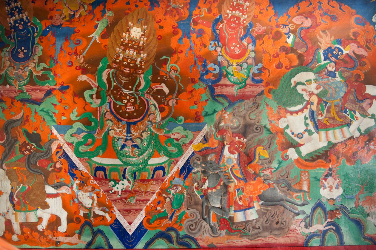 Tiibetin buddhalaisuus; vanha seinämaalaus kokoussalissa; demoni taistelee jousilla ja nuolilla; Takthok Gompa luostari; Sakti lähellä Leh; Ladakhin piiri; Jammu ja Kashmir; Intia; Etelä-Aasia; Aasia tekijältä Unbekannt