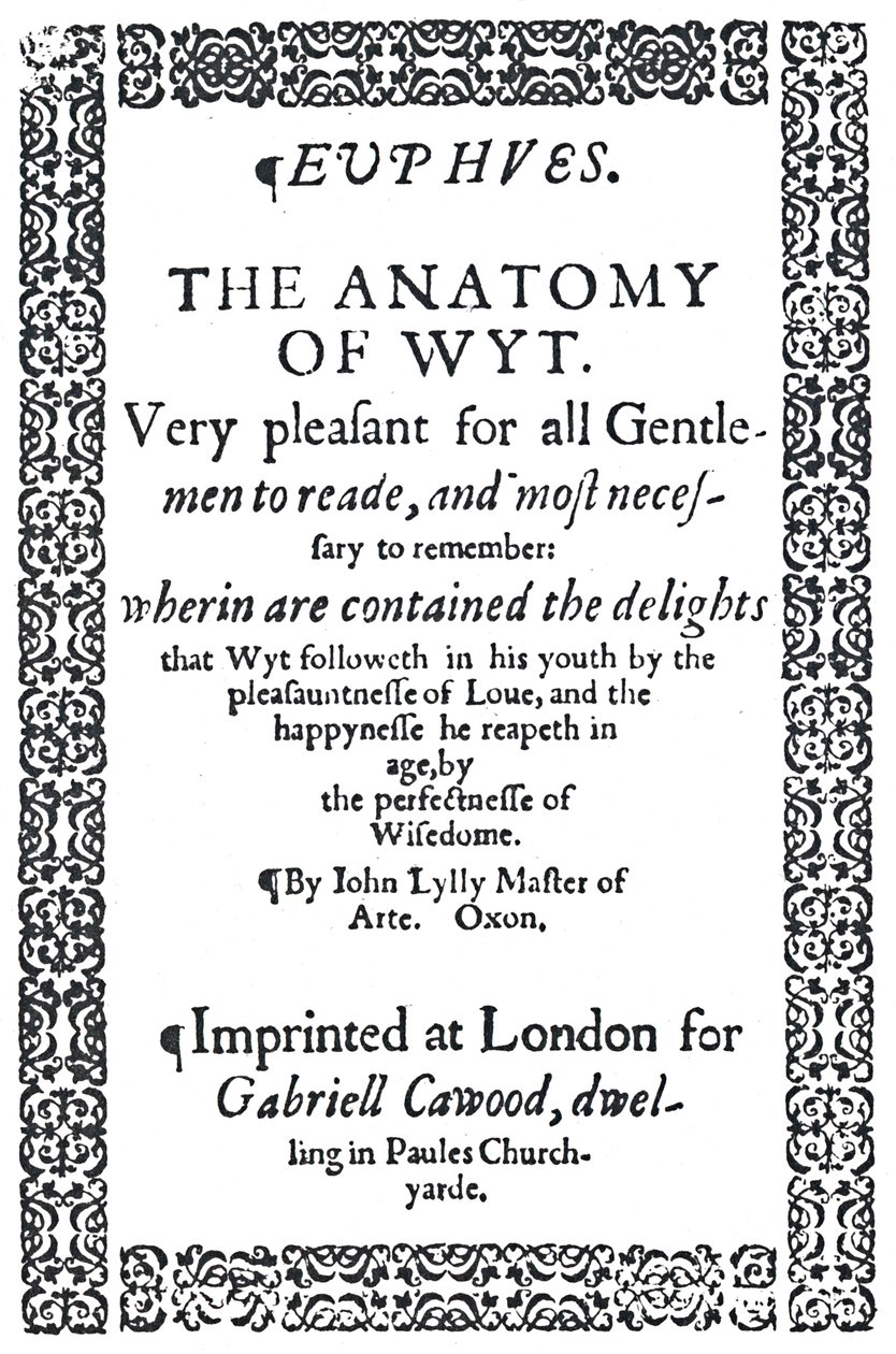 John Lylys Euphues or The Anatomy of Wit, ensimmäinen painos, 1579, 1942, nimisivu. tekijältä Unbekannt