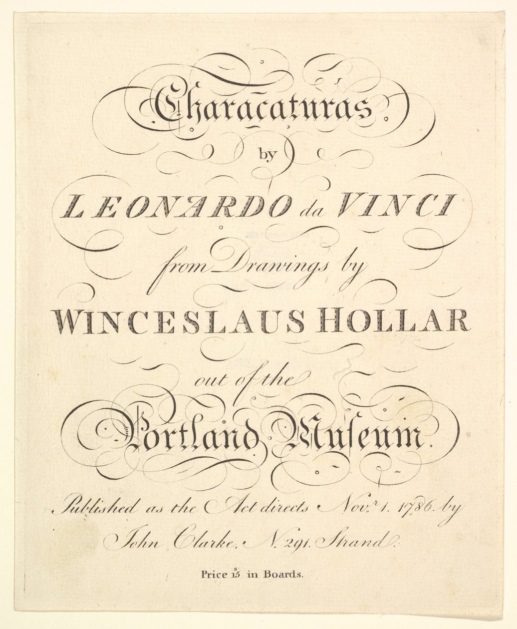 Nimisivu: Leonardo da Vincin Characaturas, Wincelslaus Hollarin piirustuksista, julkaisusta..., 1786. tekijältä Unbekannt