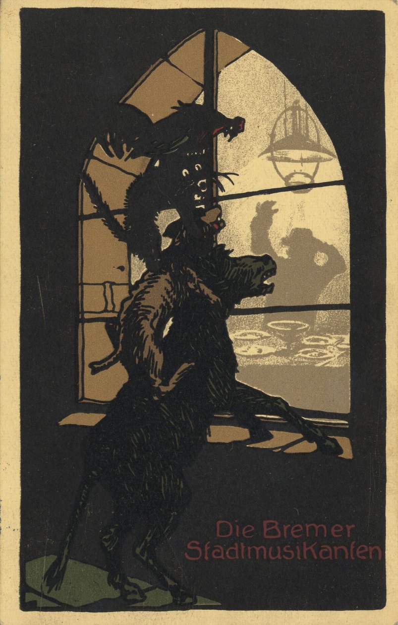 Grimm-veljesten kirjan "Bremenin muusikot" nimisuunnittelu 1910-luvulla tekijältä Unbekannt