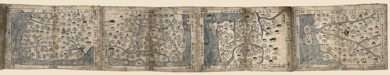 Otsikko kannesta. Lehdet on liitetty päähän ja taitettu harmonikkatyyliin. Liimattu pieneen etikettiin Hamgyŏng-do-kartan kyljessä: Bunkōdō Shoten. Saatavilla myös Library of Congress -verkkosivuston kautta rasterikuvana. Hankintavalvonta nro. tekijältä Unbekannt