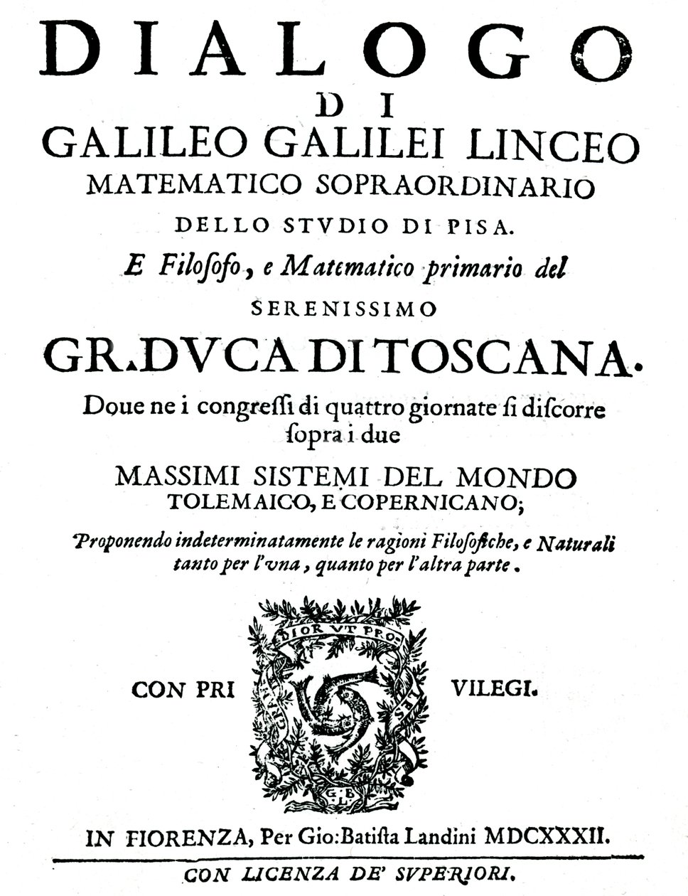 Dialogon otsikkosivu, kirjoittanut Galileo, 1632 tekijältä Unbekannt