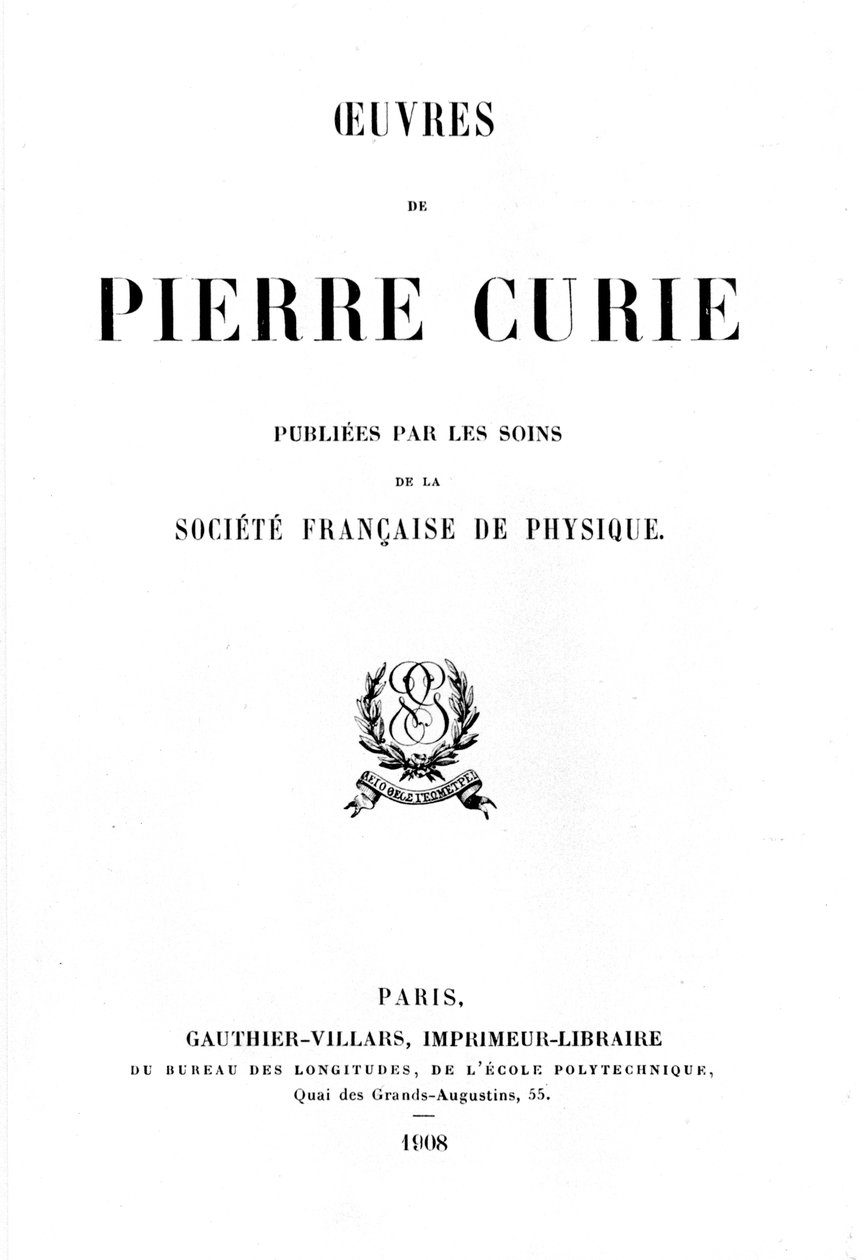 Pierre Curien teosten nimisivu, 1908 tekijältä Unbekannt
