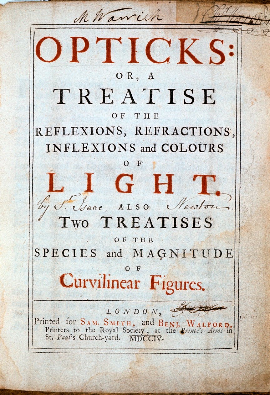 Englantilaisen tiedemiehen ja matemaatikon Isaac Newtonin Opticksin otsikkosivu, 1794 tekijältä Unbekannt