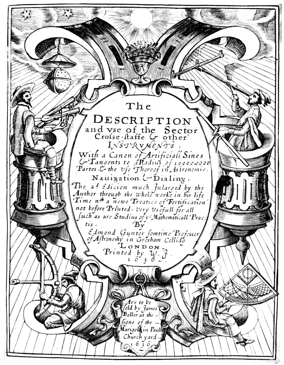 Edmund Gunterin Sektorin kuvaus ja käyttö, 1636, nimisivu tekijältä Unbekannt